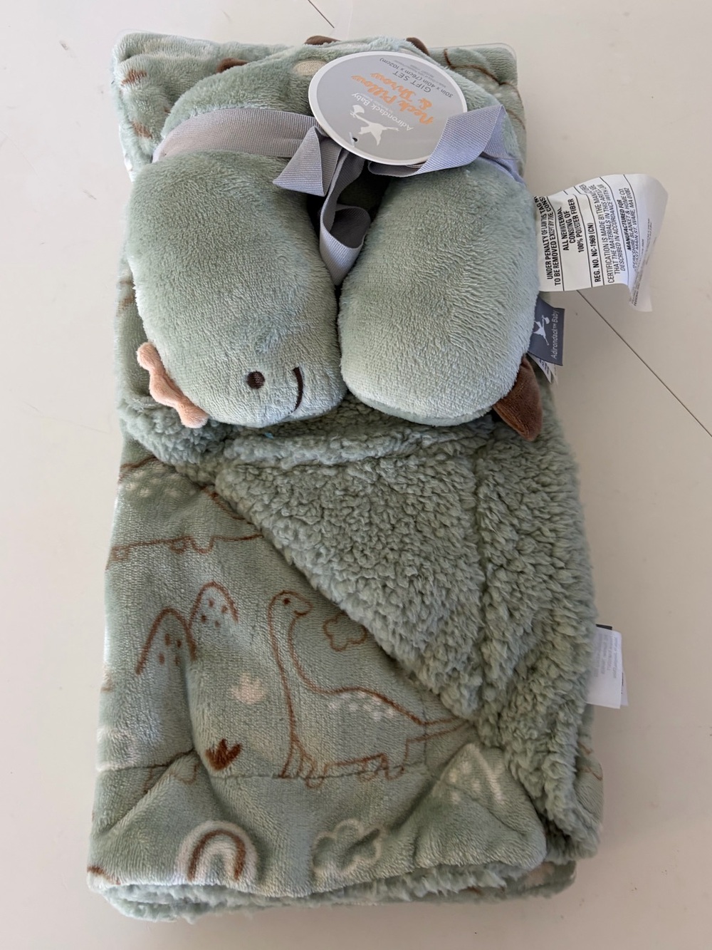 Adirondack Baby By Berkshire Neck Pillow & Throw Blanket Green Dinosaur Gift Set